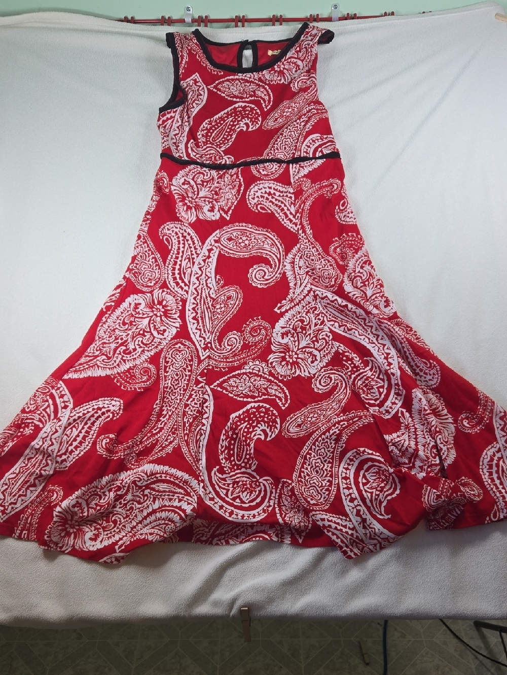 Jersey Girl Red Paisley Fit-and-Flare Dress with Black Trim
